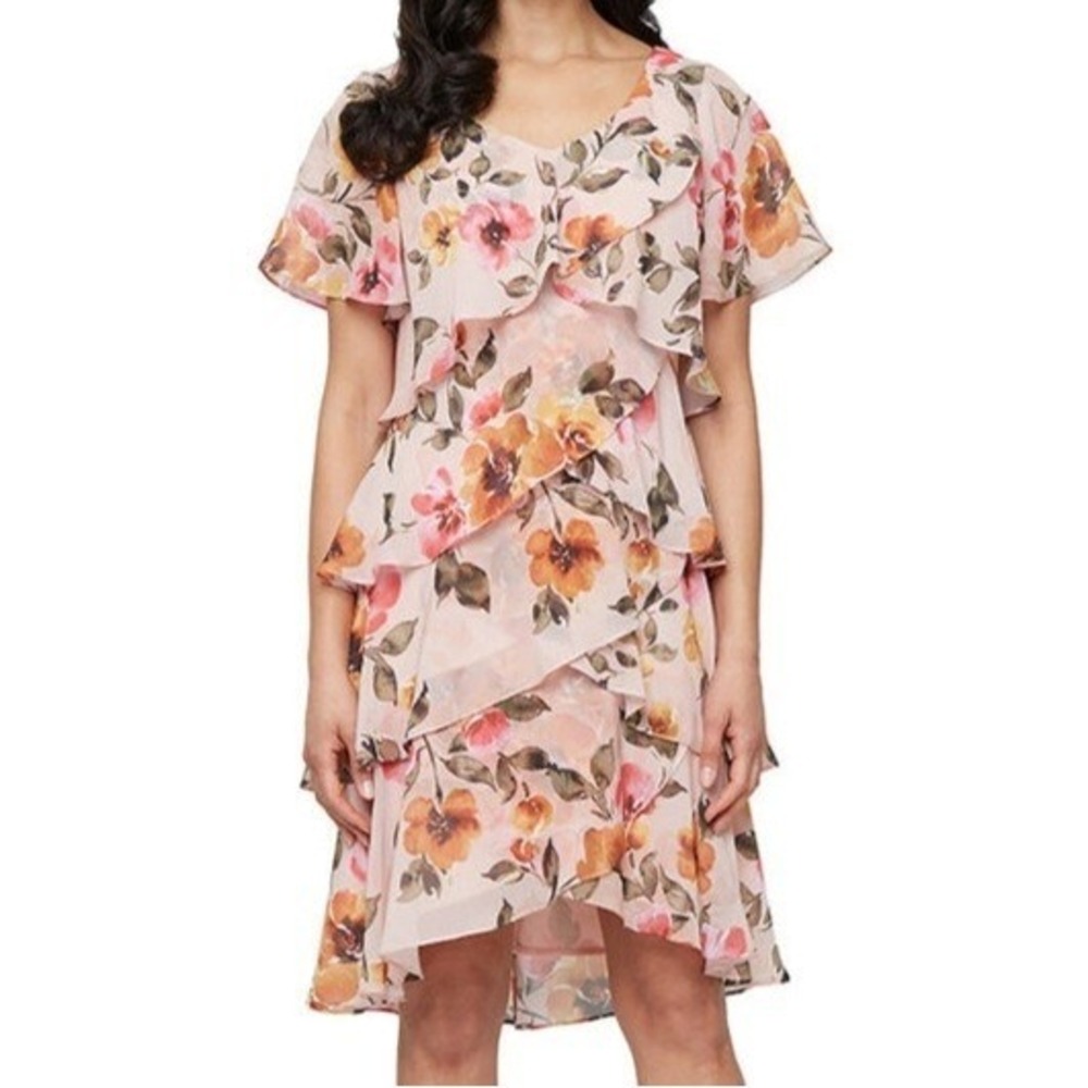 SL Fashions New York Floral Print Tiered Flutter Pink Short Dress Womens 4 NWT